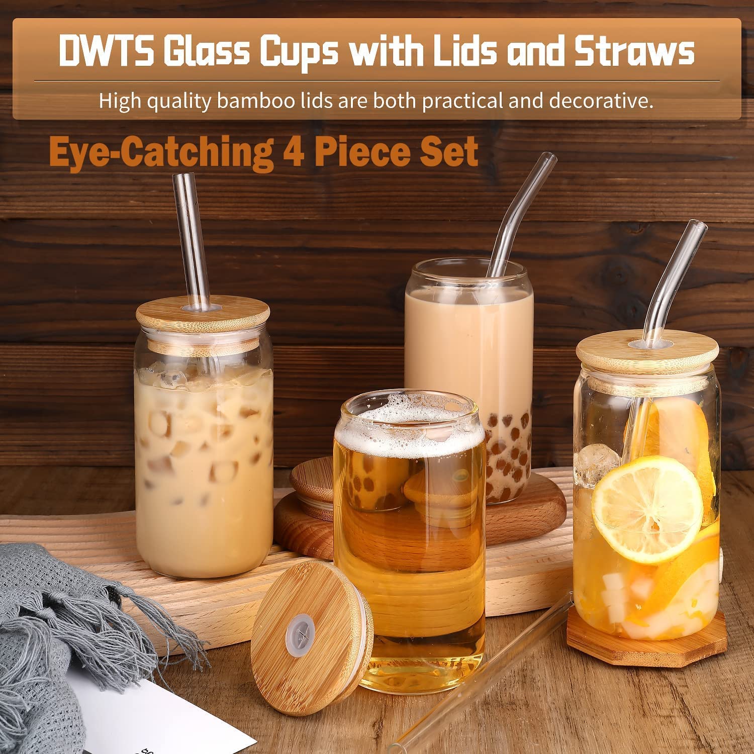 DWTS DANWEITESI Glass Cups with Lids and Straws 6pcs Set 16oz Iced Coffee Cups，Glass Coffee Cups，Beer Can Glass with Lids and Straw - Image 7